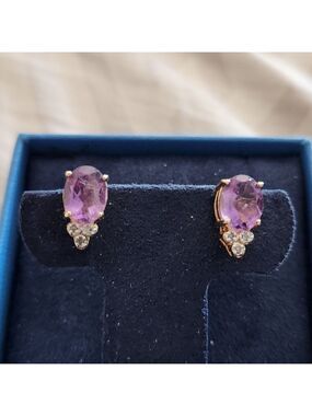 14k Gold Plated,Pear Amethyst and Diamond Statement Stud Earrings